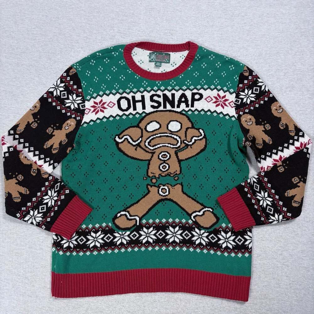 Ugly Christmas Sweater Oh Snap Gingerbread Man Size XXL Green Holiday Knit